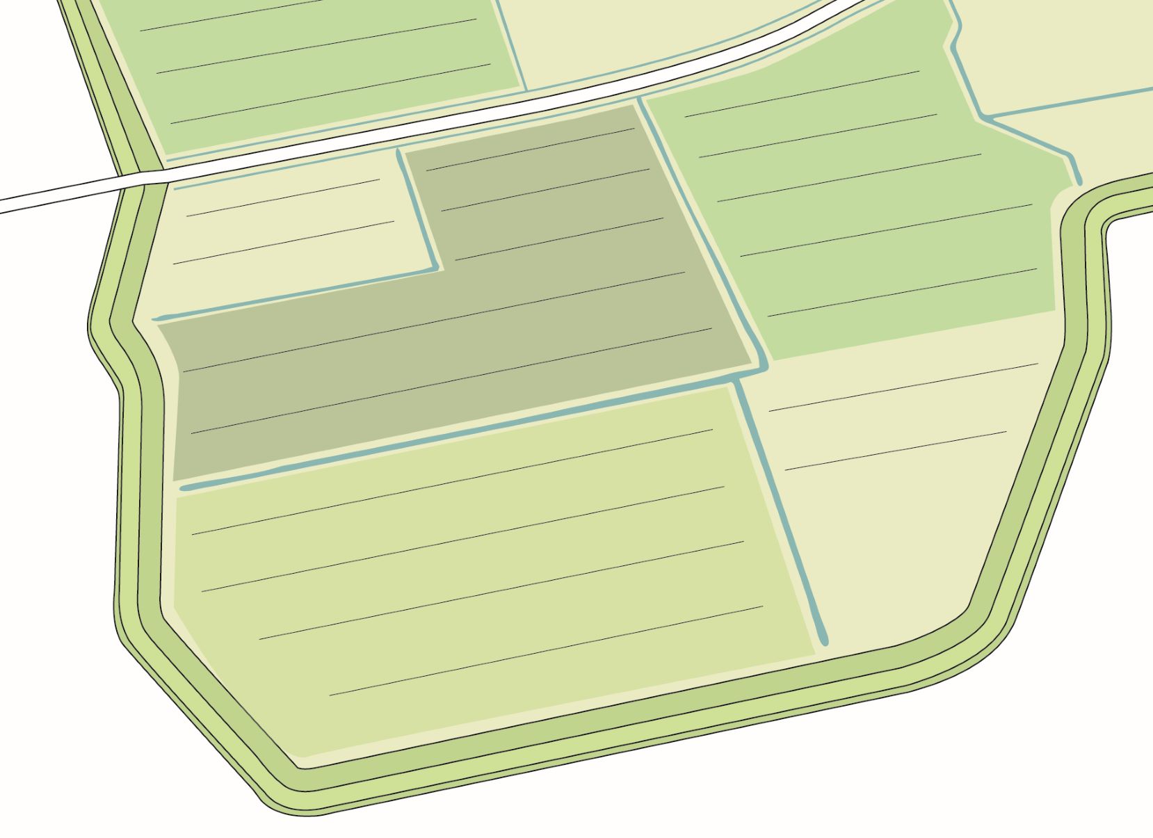 Illustratie van een landschap in de eilanden-zone met een palet van verschillende grasvegetaties